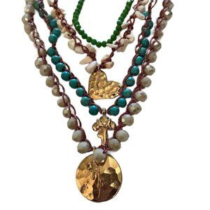 Layered Multi-Stone Necklace – Turquoise • Green • Beige with Boho Charms